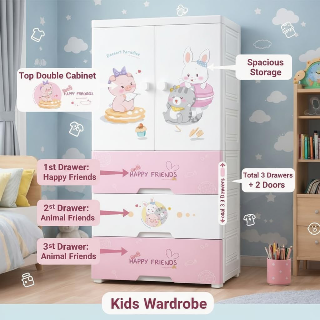 Premium Multi-Compartment Kids Plastic Wardrobe with Wheels – Sweet Heart Print