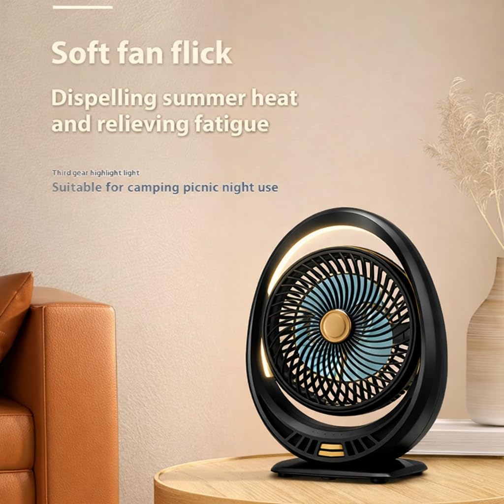 Premium 4000mAh Rechargeable Table Fan with 5-Speed Modes & LED Light – Black