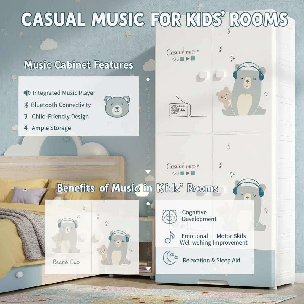 Premium 4-Door 1-Drawer Kids Plastic Wardrobe with Wheels – Music Bear Print