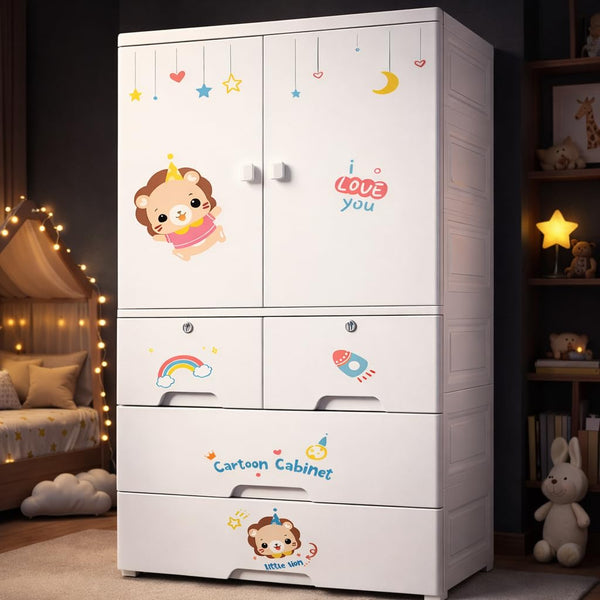 Premium 1+4 Door Kids Plastic Wardrobe with Drawers – Lion