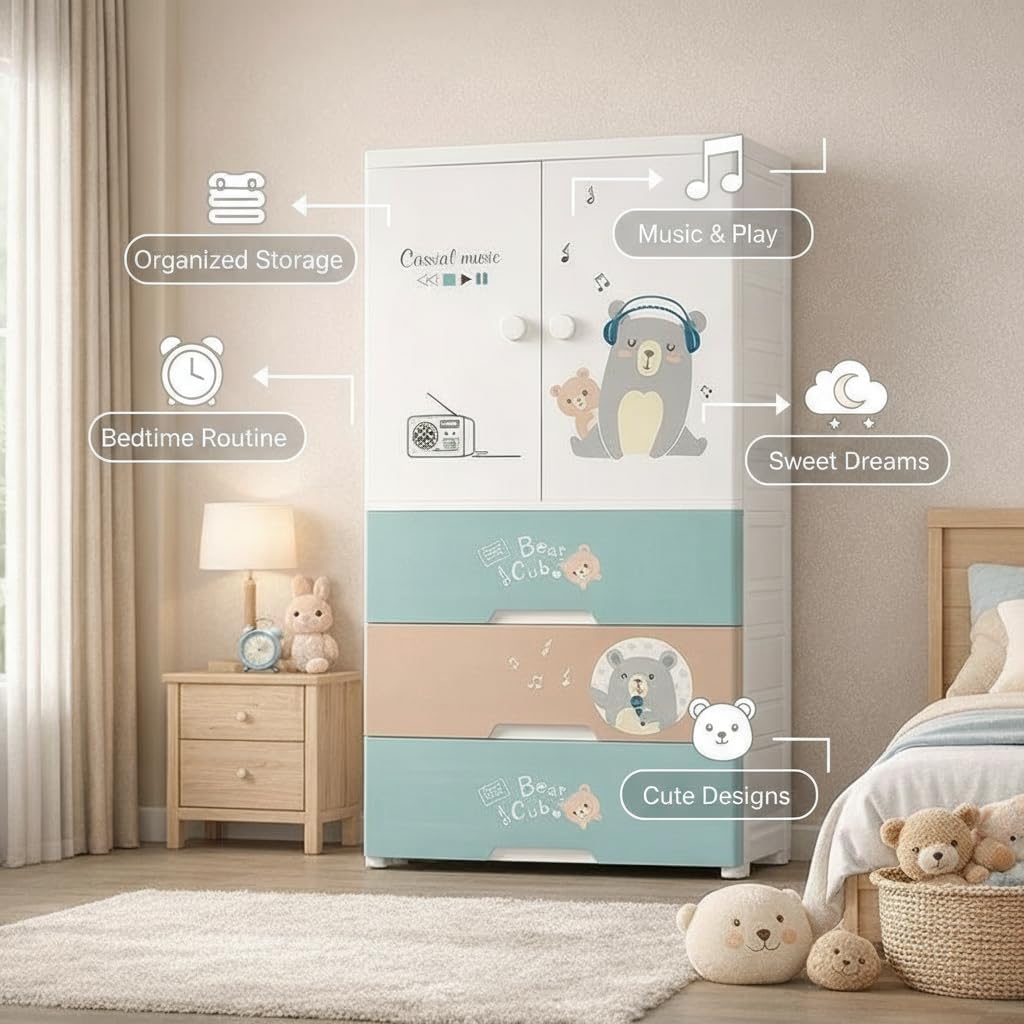 Premium Multi-Compartment Kids Plastic Wardrobe with Wheels – Funny Bear Print