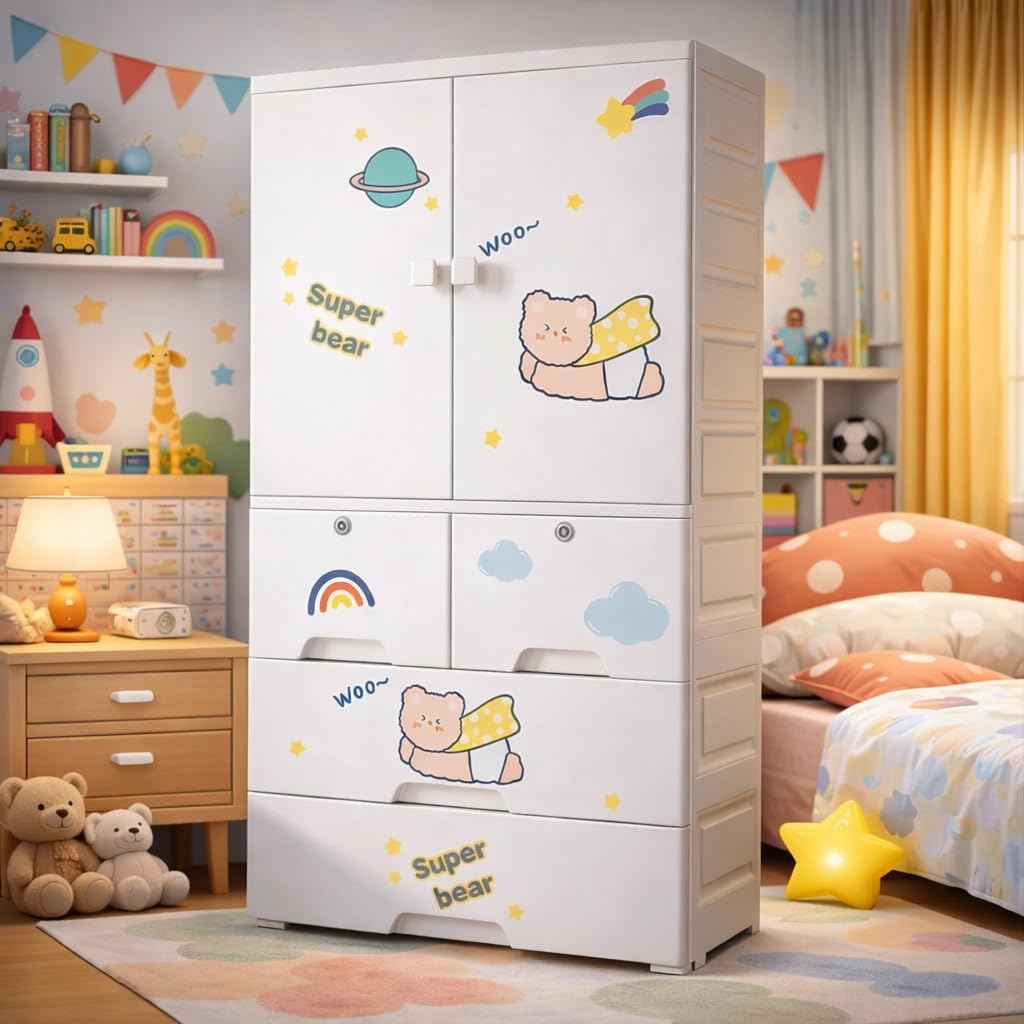 Premium 1+4 Door Kids Plastic Wardrobe with Drawers – Bear