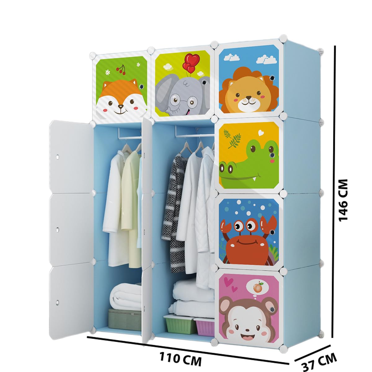 Premium 12-Door Animal-Print Kids Plastic Wardrobe – Blue