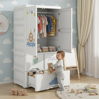 Premium 1-Door 3-Drawer Kids Plastic Wardrobe with Wheels – Lion Print