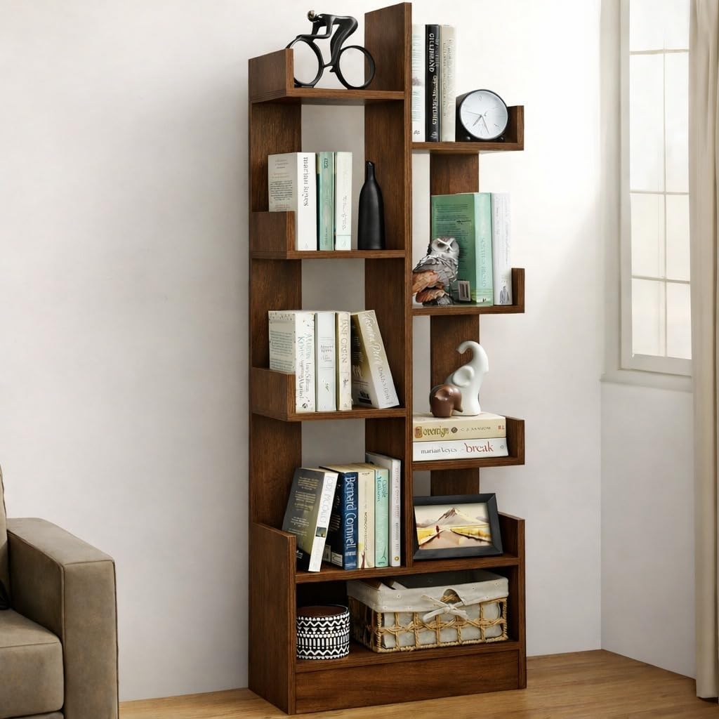 Premium 8-Tier Zigzag Wooden Bookshelf – Brown Walnut