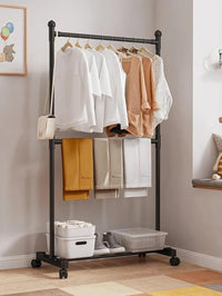 Premium Single Pole Cloth Rack with Bottom Shelves – Black