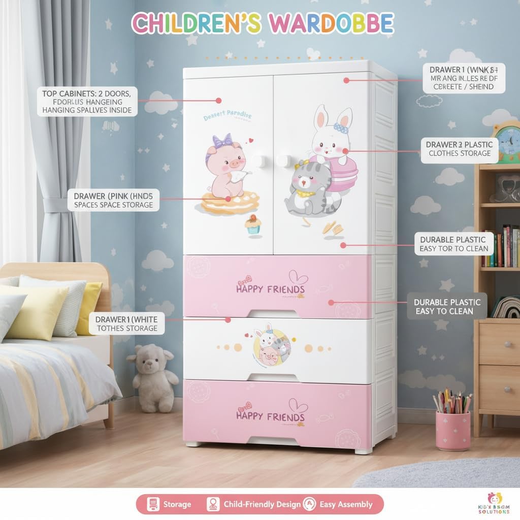 Premium Multi-Compartment Kids Plastic Wardrobe with Wheels – Sweet Heart Print