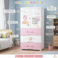Premium Multi-Compartment Kids Plastic Wardrobe with Wheels – Sweet Heart Print