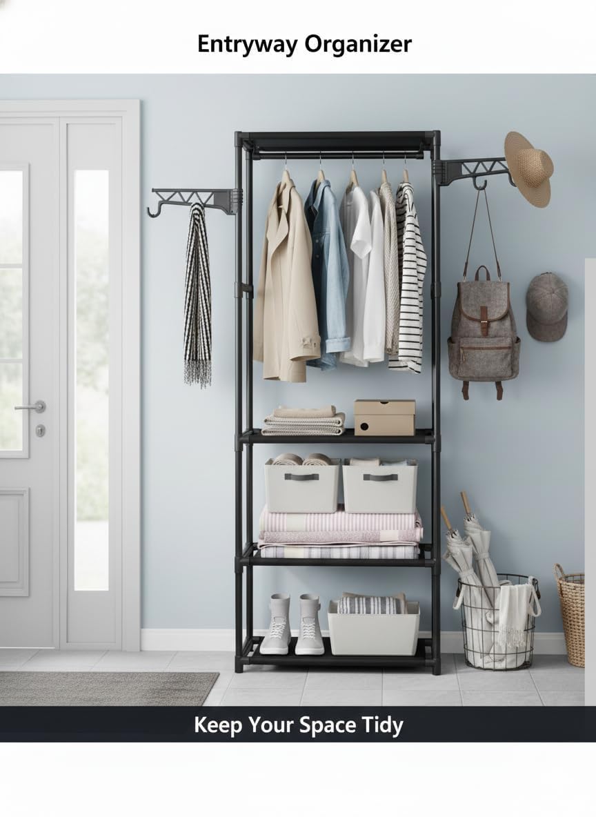 Premium Multifunctional Clothing Rack with Storage Shelves – Black
