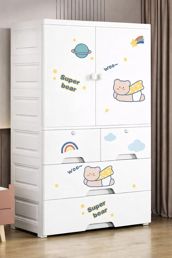 Premium 1+4 Door Kids Plastic Wardrobe with Drawers – Bear