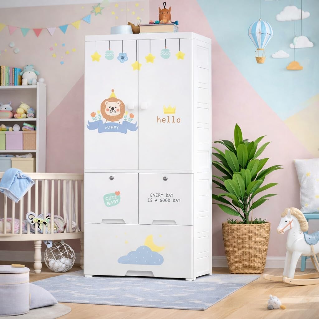 Premium 1-Door 3-Drawer Kids Plastic Wardrobe with Wheels – Lion Print