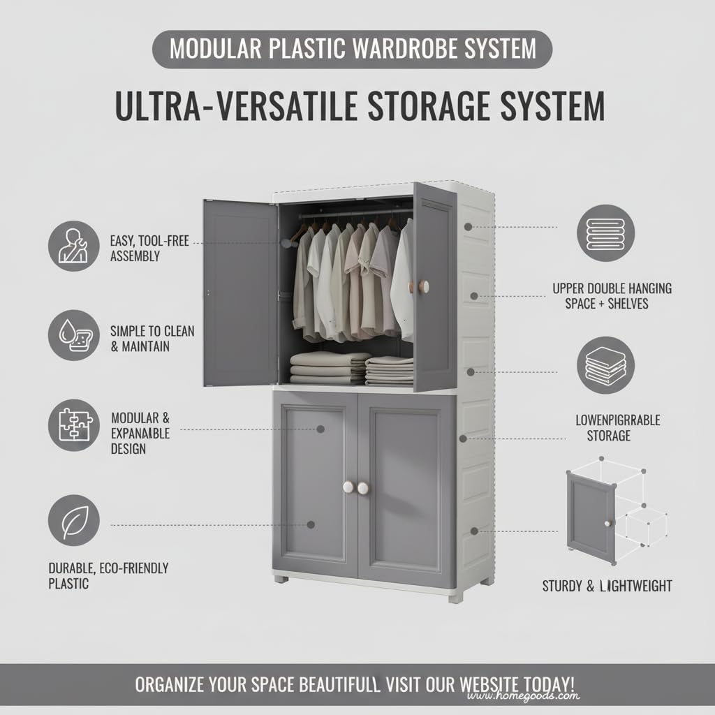 Premium 4-Door Plastic Standing Wardrobe – European Grey