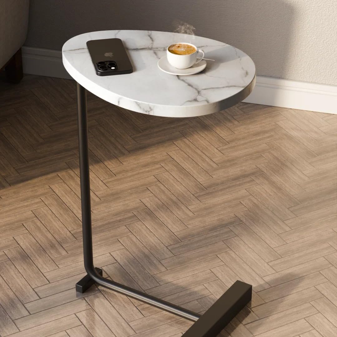 Premium Flat-Top Side Table with Metal Base – White Marble