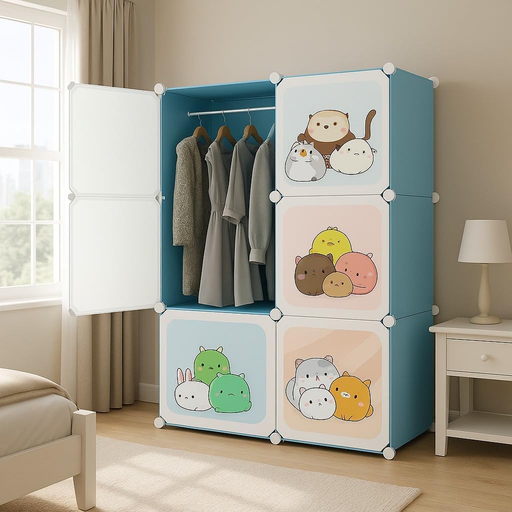 Premium 6-Door Kids Plastic Wardrobe – Blue