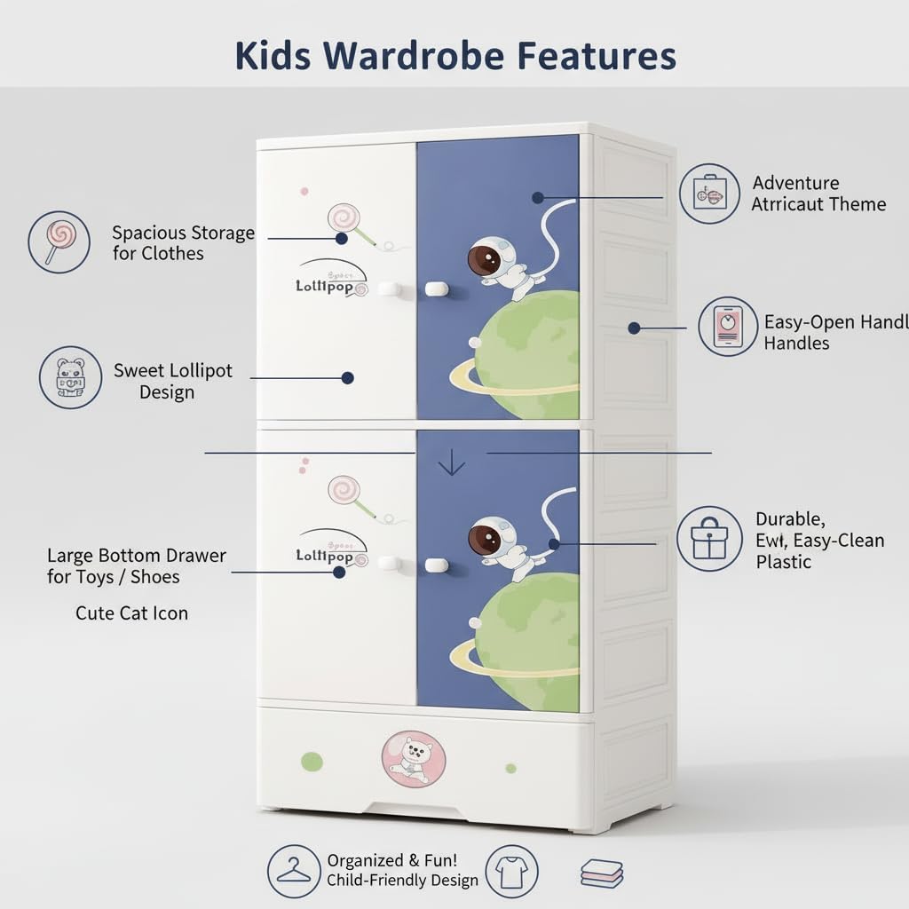 Premium 1+3 Door Kids Plastic Collapsible Wardrobe with Drawers – Starry Sky Blue