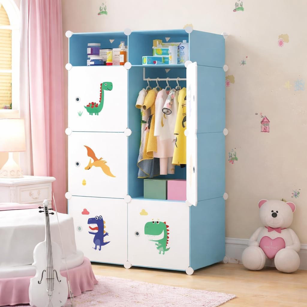 Premium 6+2 Cube Kids Dinosaur Modular Plastic Wardrobe Cabinet – Blue