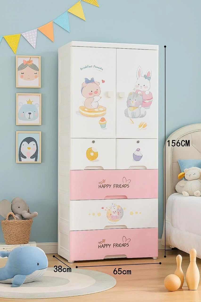 Premium 1+5 Door Kids Plastic Wardrobe with Drawers – Sweet Treats Pink