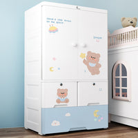Premium 1-Door 3-Drawer Kids Plastic Wardrobe with Wheels – Teddy Bear Print