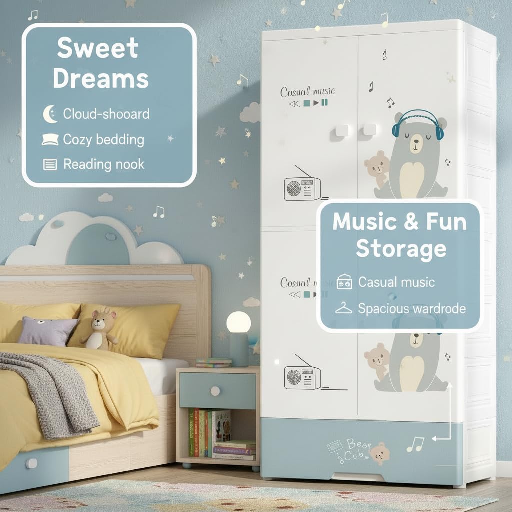 Premium 4-Door 1-Drawer Kids Plastic Wardrobe with Wheels – Music Bear Print