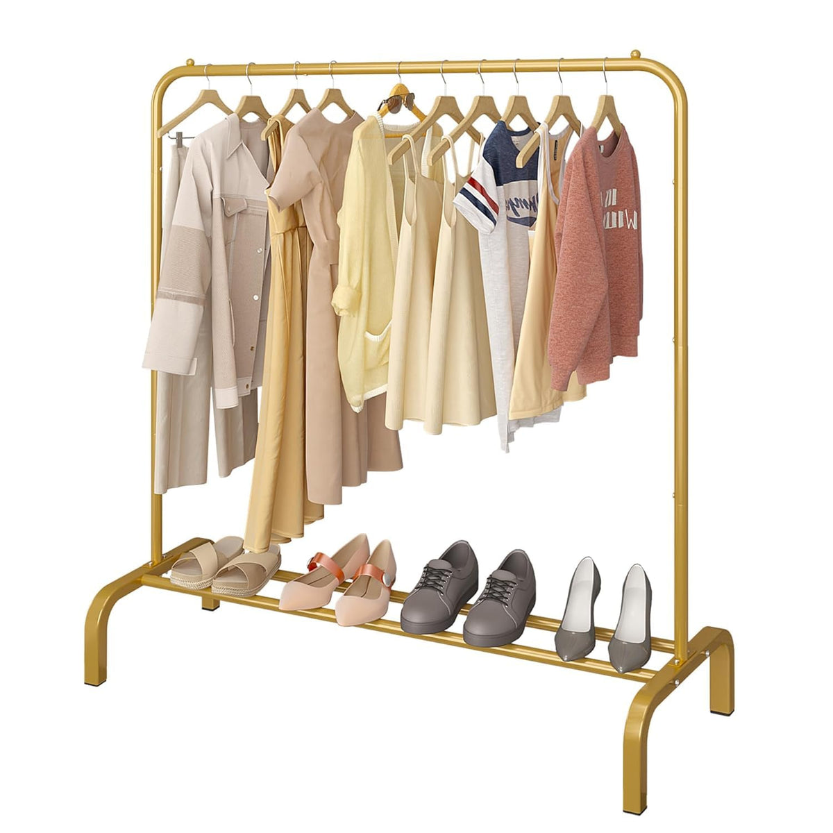 Premium Single Pole Garment Rack with Bottom Shelves – Golden
