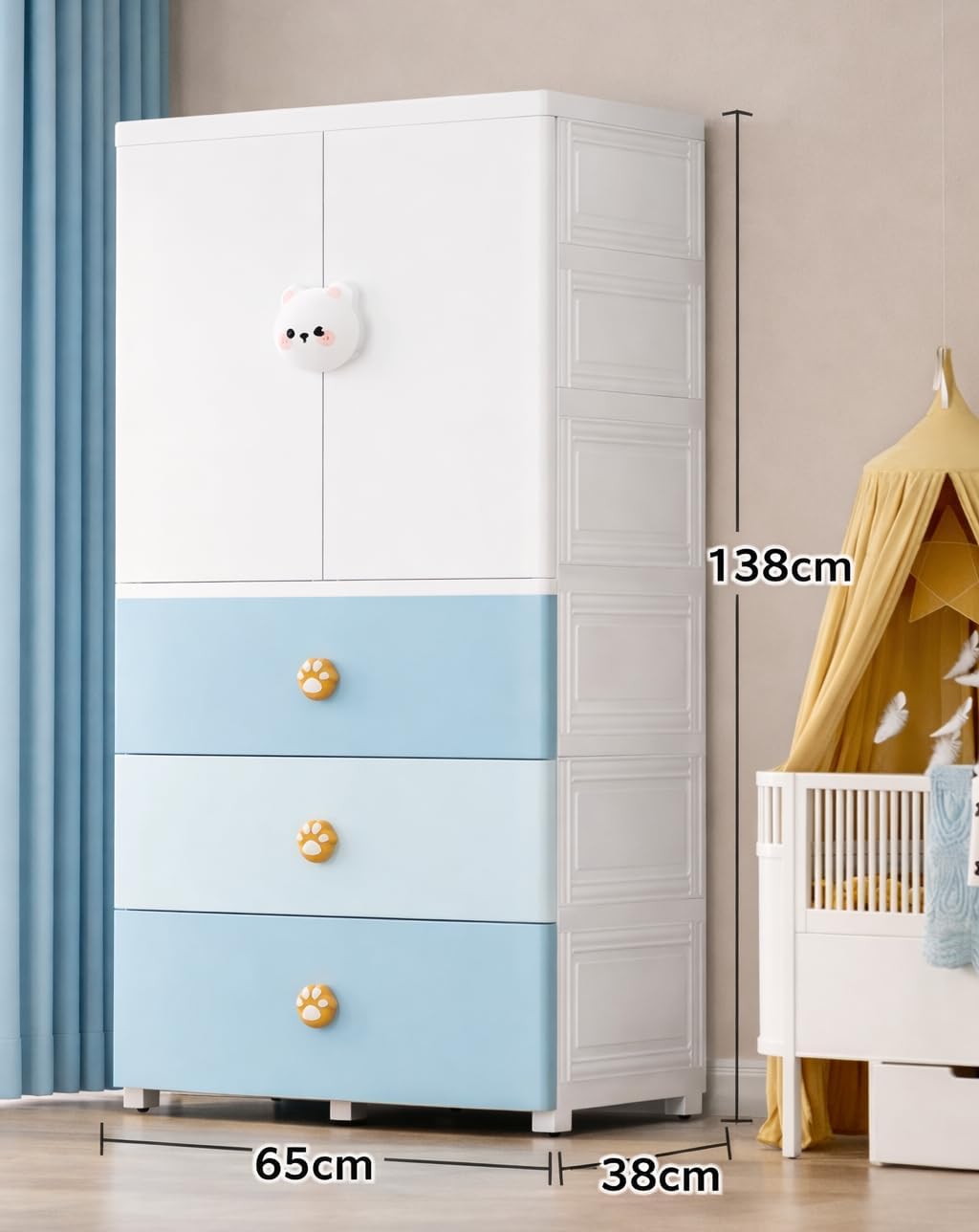 Premium 1+3 Door Kids Plastic Collapsible Wardrobe with Drawers – Blue Bear