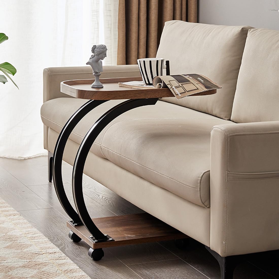 Premium Double-C Side Table with Wheels – Nut Brown