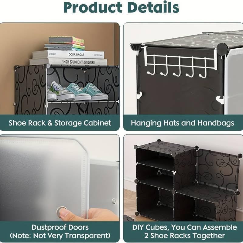 Premium 6-Door 12-Layer Double-Row Plastic Shoe Storage Cabinet | Dustproof Modular Shoe Rack | Black & White
