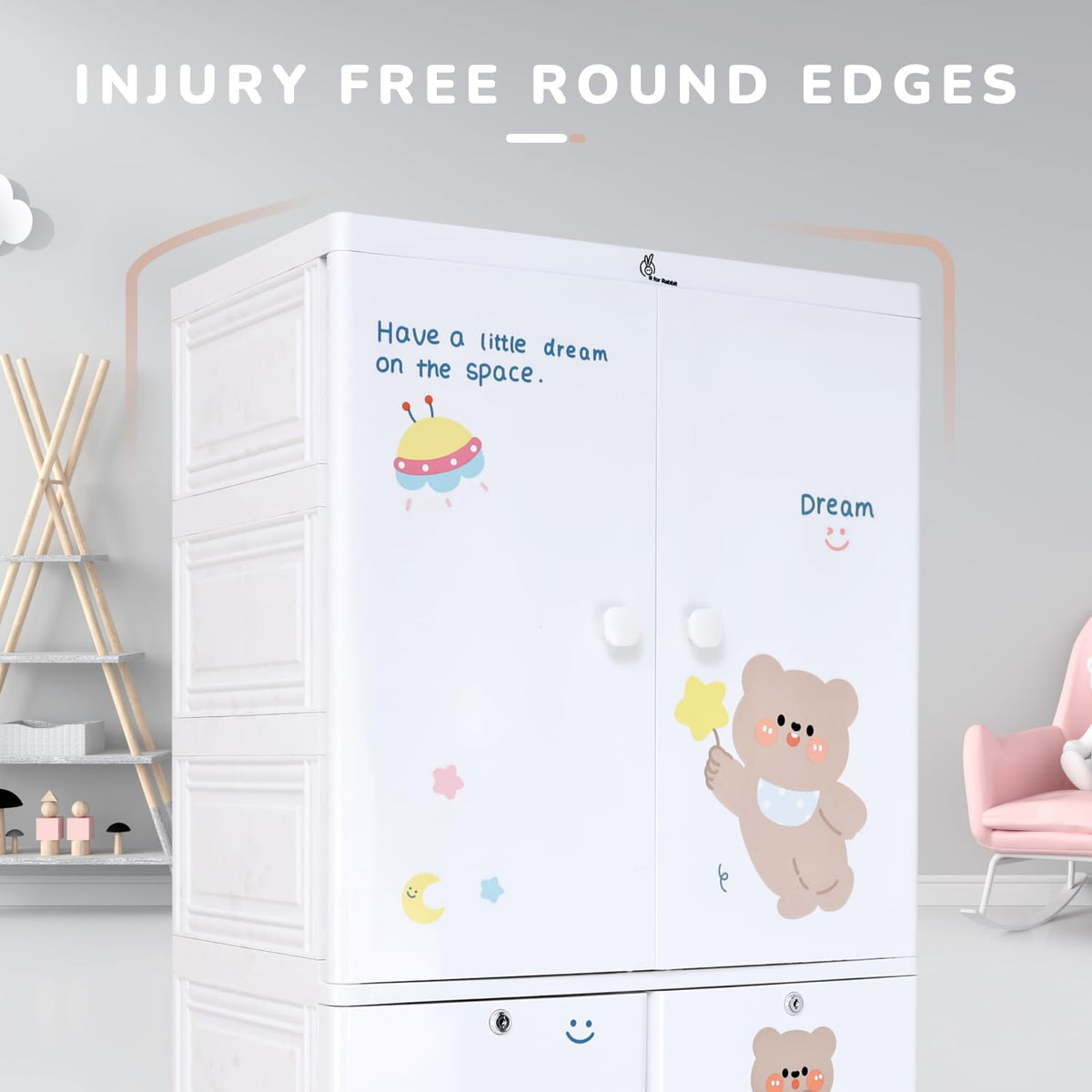 Premium 1-Door 3-Drawer Kids Plastic Wardrobe with Wheels – Teddy Bear Print