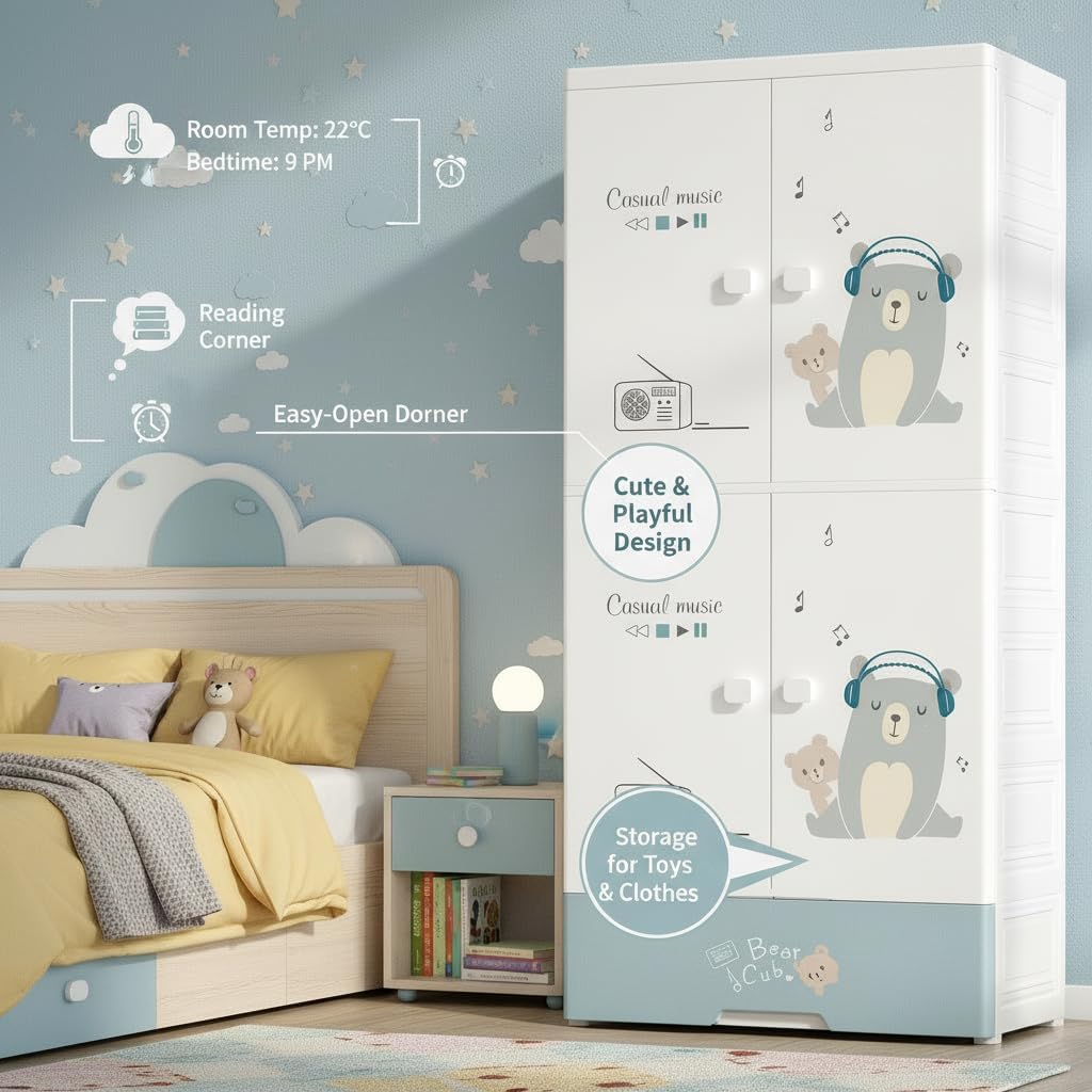 Premium 4-Door 1-Drawer Kids Plastic Wardrobe with Wheels – Music Bear Print