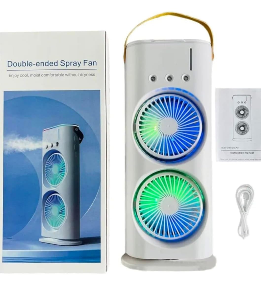 Premium Double Fan Rotating Mini Cooler with Mist – Portable Air Cooling Fan