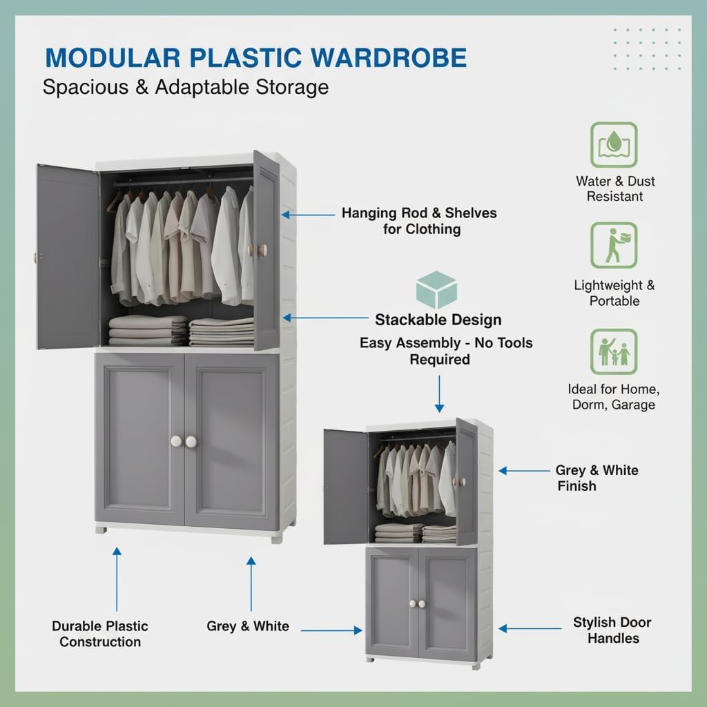 Premium 4-Door Plastic Standing Wardrobe – European Grey