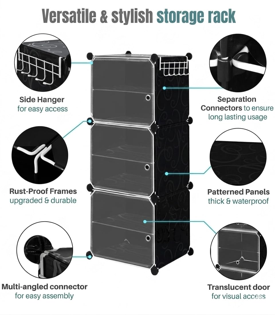 Premium 3-Door 6-Layer Plastic Shoe Storage Cabinet | Dustproof Modular Shoe Rack | Black