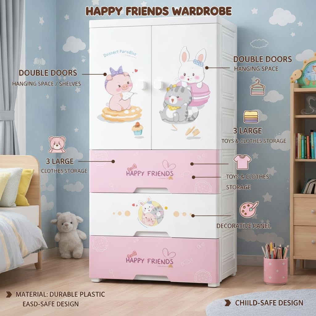 Premium Multi-Compartment Kids Plastic Wardrobe with Wheels – Sweet Heart Print