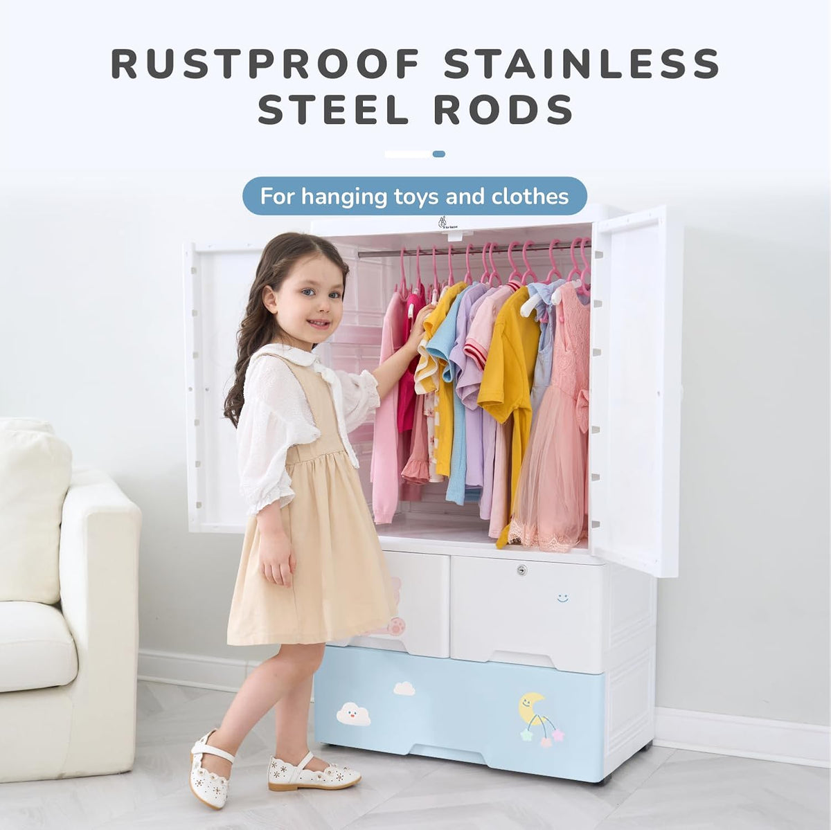 Premium 1-Door 3-Drawer Kids Plastic Wardrobe with Wheels – Teddy Bear Print