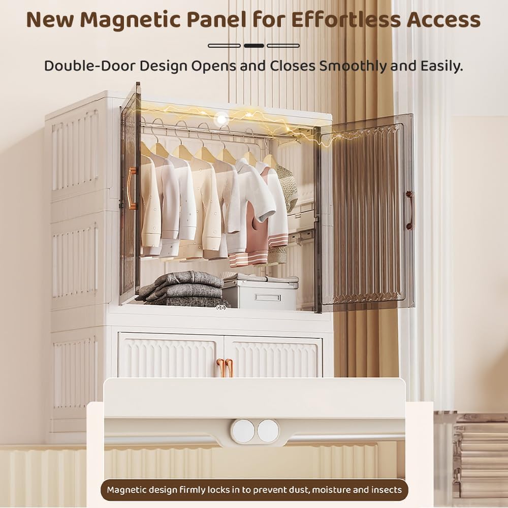 Premium 3-Layer Foldable Plastic Wardrobe with Hanging Rod & Wheels – Transparent White