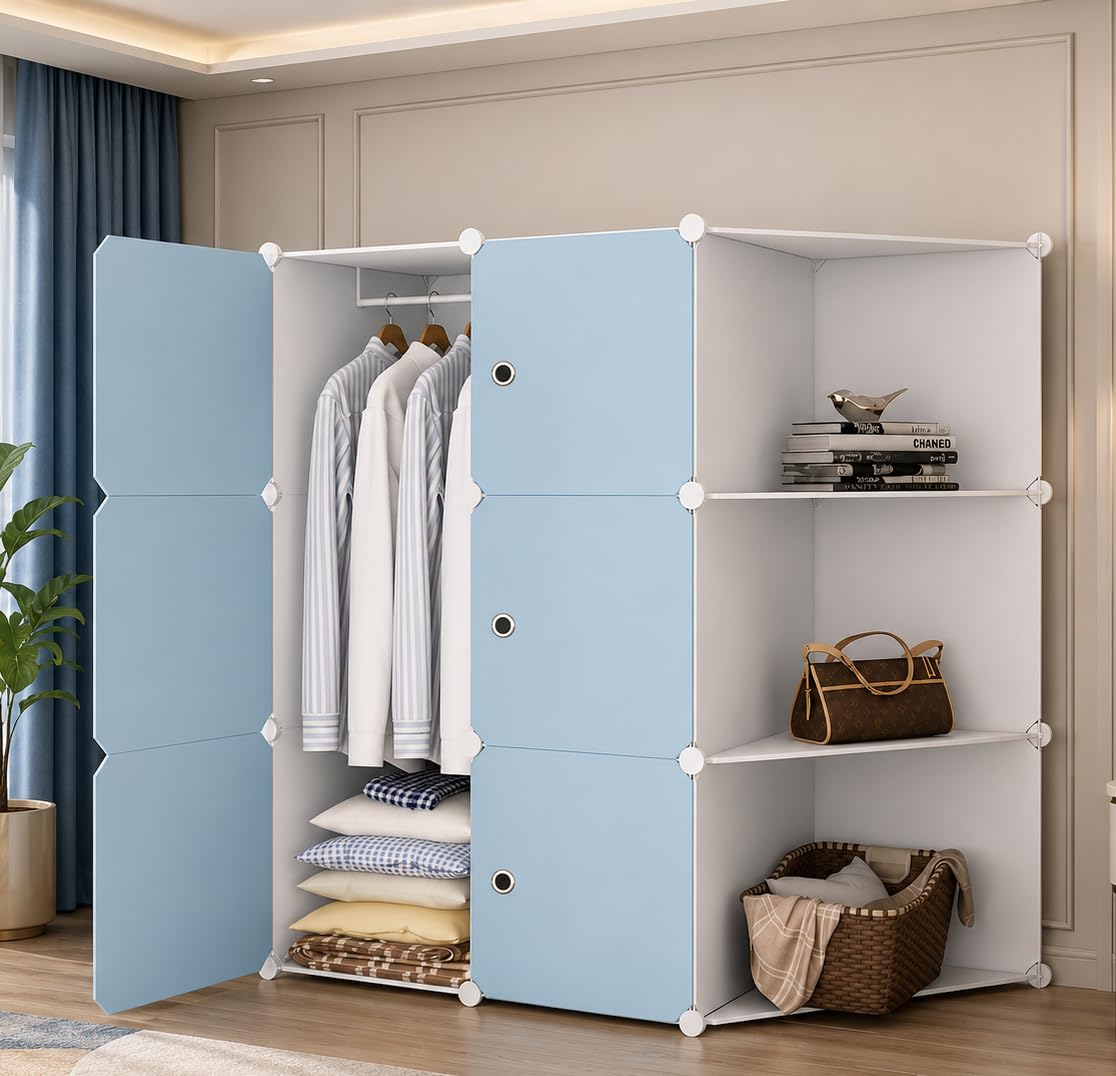 Premium 6-Door 9-Shelf Kids Modular Plastic Wardrobe Cabinet – Sky Blue