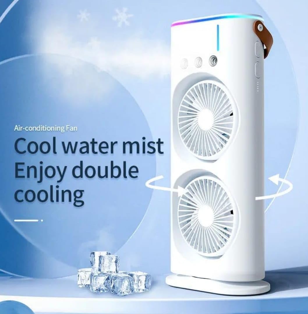 Premium Double Fan Rotating Mini Cooler with Mist – Portable Air Cooling Fan