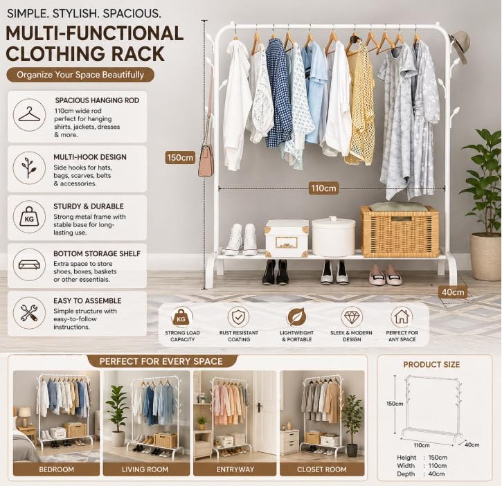 SAMDIYA 2-Door 5-Shelf Kids Wardrobe + Scalp Massager (White) + Pole Rack (White) | Buy 1 Get 2 Free Combo