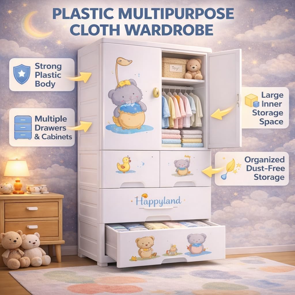 Premium 1+4 Door Kids Plastic Wardrobe with Drawers – Elephant