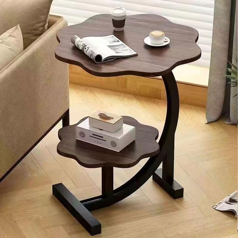 Premium Flower Side Table with Metal Base – Nut Brown