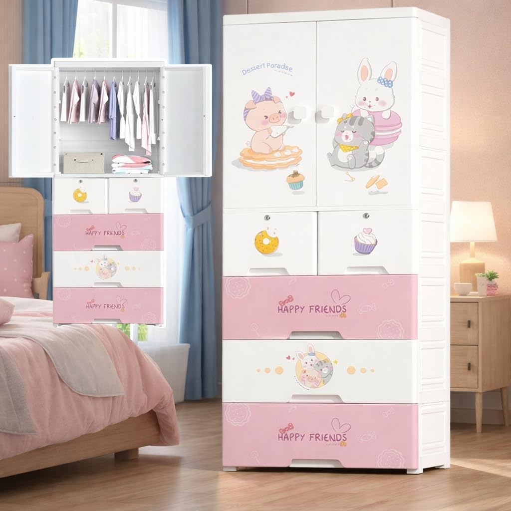 Premium 1+5 Door Kids Plastic Wardrobe with Drawers – Sweet Treats Pink