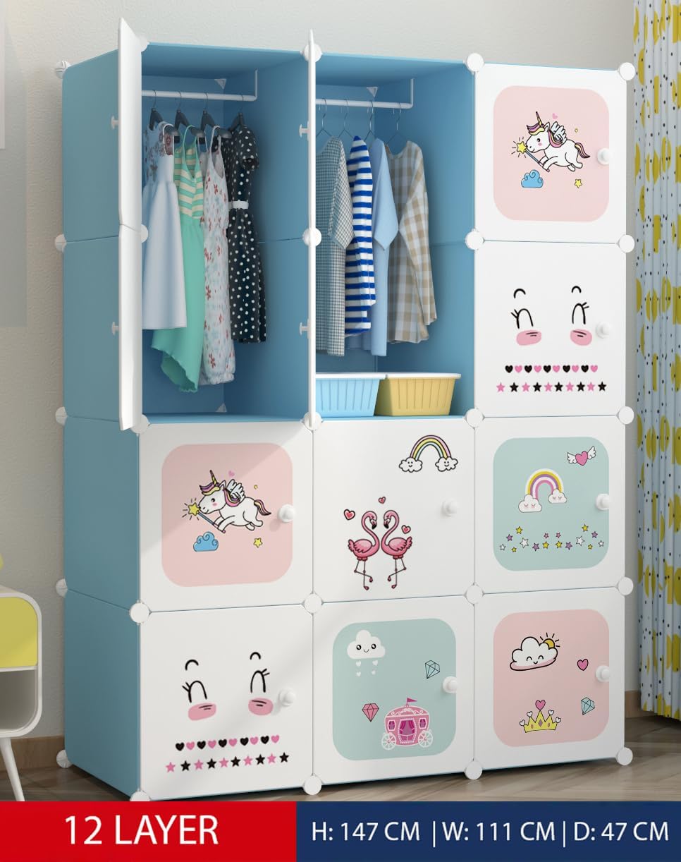 Premium 12-Cube Kids Cartoon Modular Plastic Wardrobe Cabinet – Blue