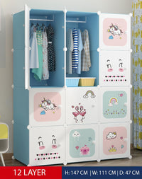 Premium 12-Cube Kids Cartoon Modular Plastic Wardrobe Cabinet – Blue