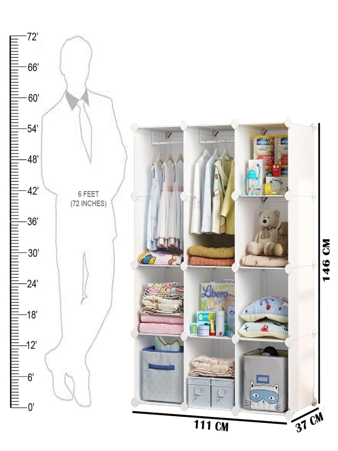 Premium 12-Door 12-Shelf Kids Cartoon Modular Plastic Wardrobe Cabinet – White