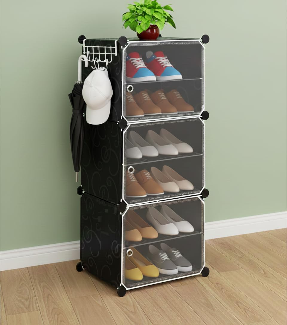 Premium 3-Door 6-Layer Plastic Shoe Storage Cabinet | Dustproof Modular Shoe Rack | Black