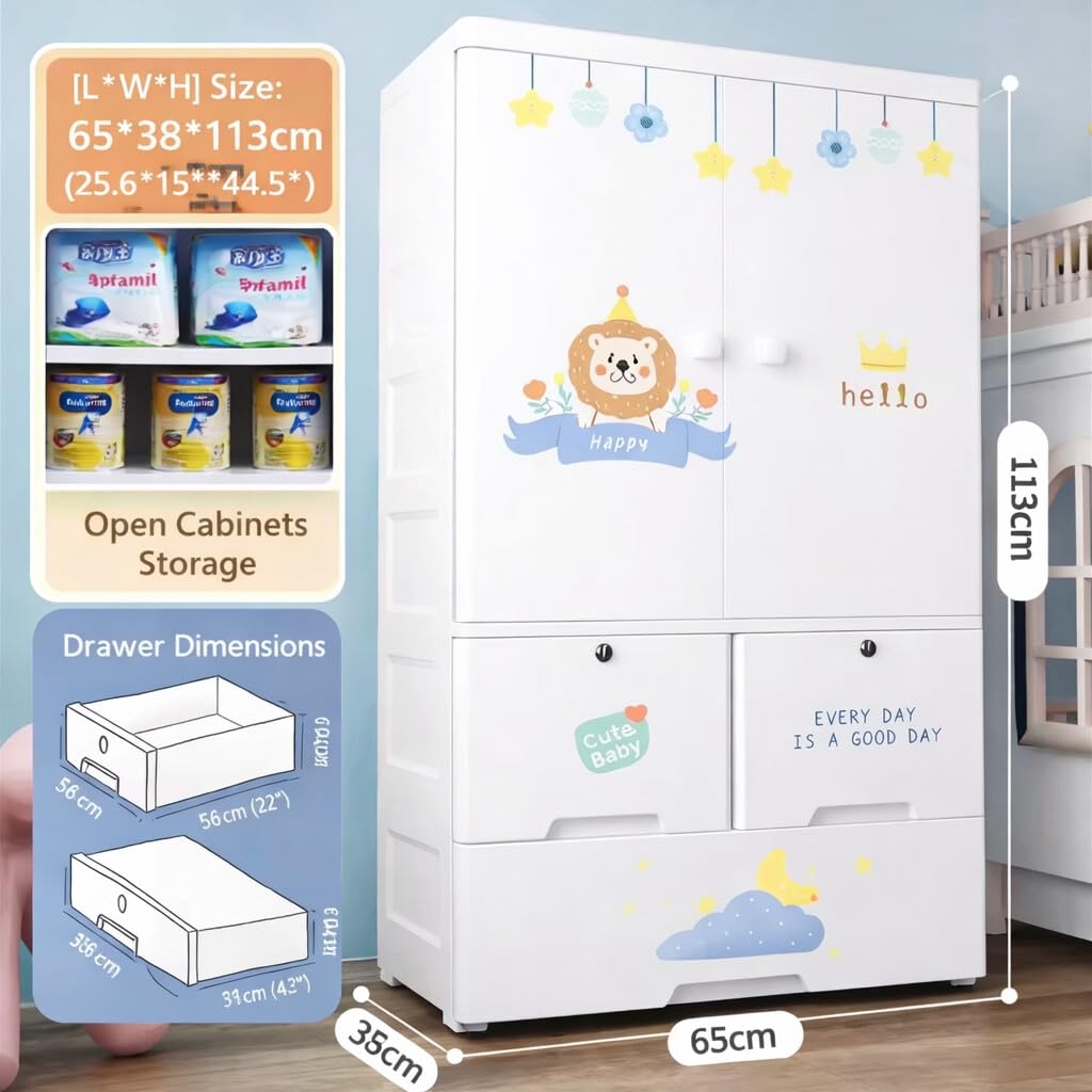 Premium 1-Door 3-Drawer Kids Plastic Wardrobe with Wheels – Lion Print