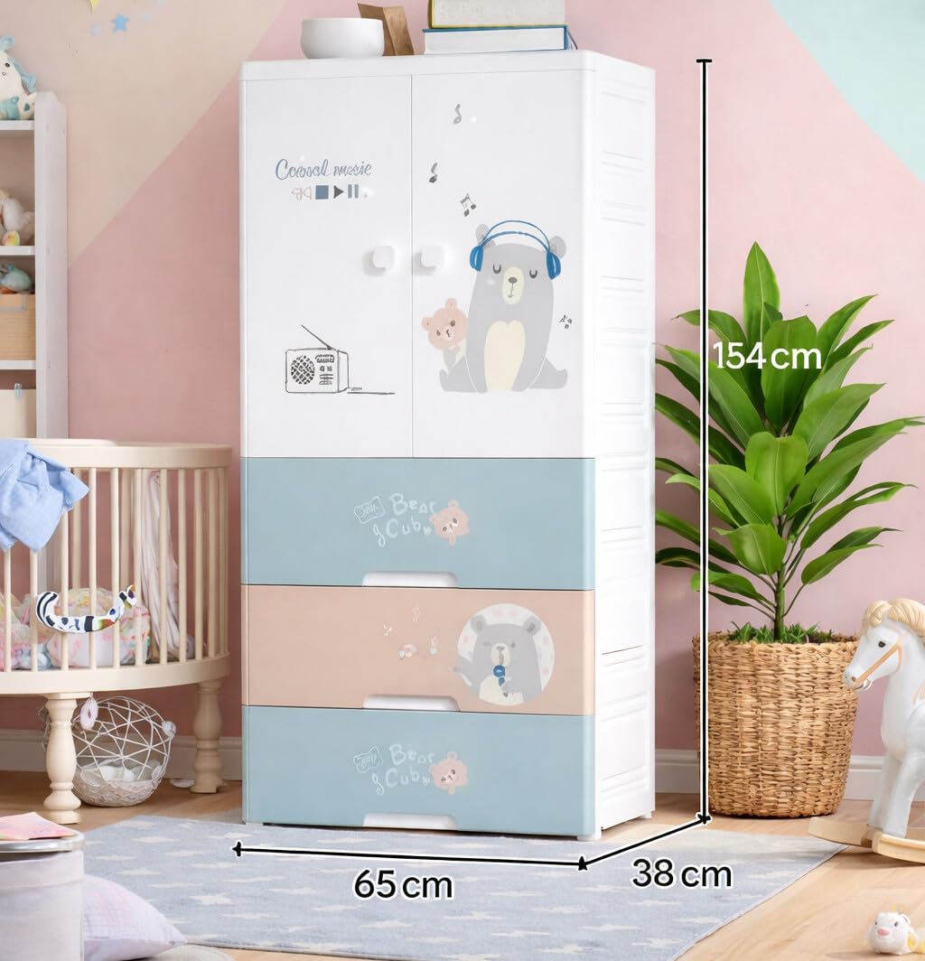 Premium Multi-Compartment Kids Plastic Wardrobe with Wheels – Funny Bear Print