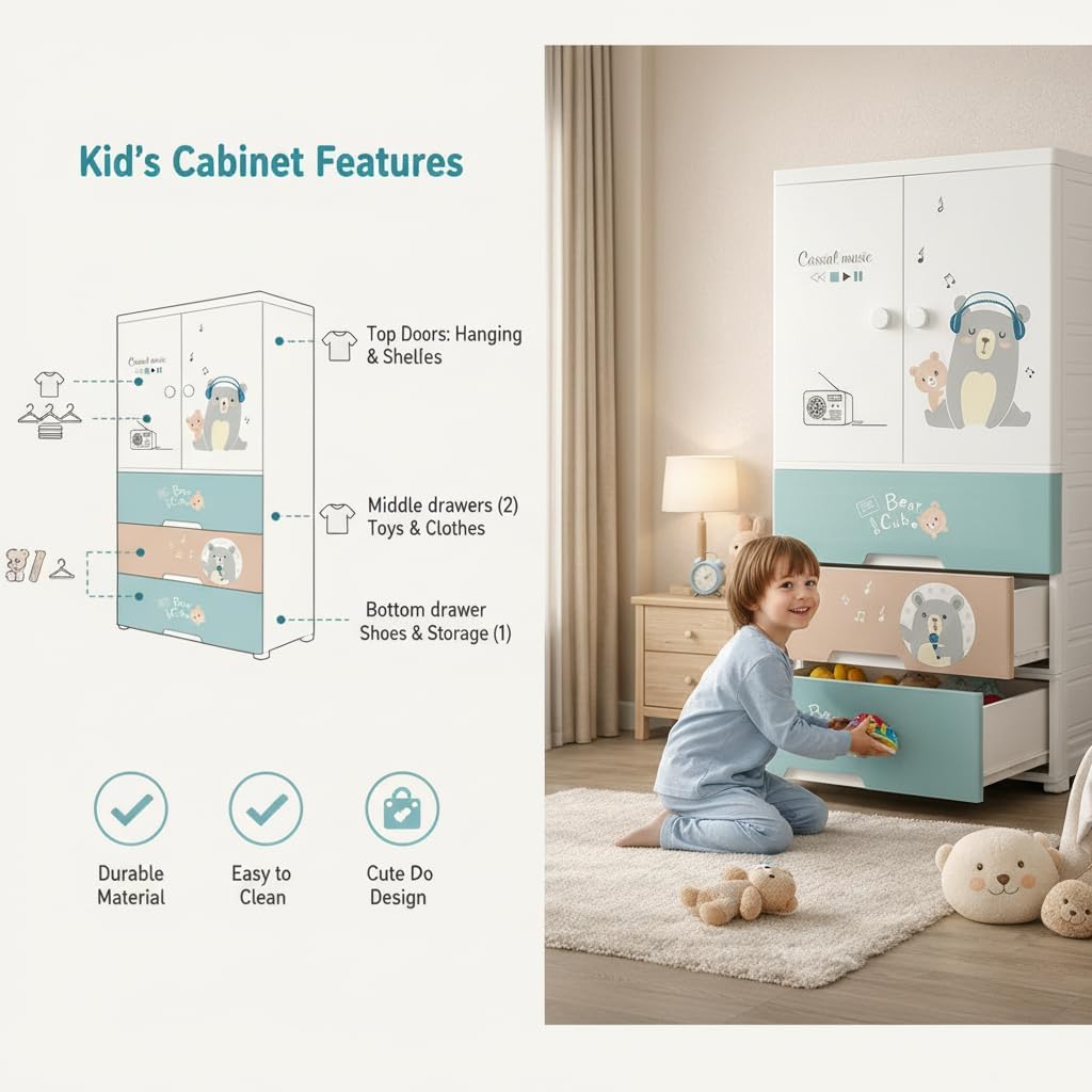 Premium Multi-Compartment Kids Plastic Wardrobe with Wheels – Funny Bear Print