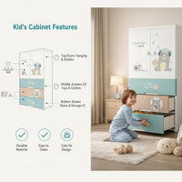 Premium Multi-Compartment Kids Plastic Wardrobe with Wheels – Funny Bear Print