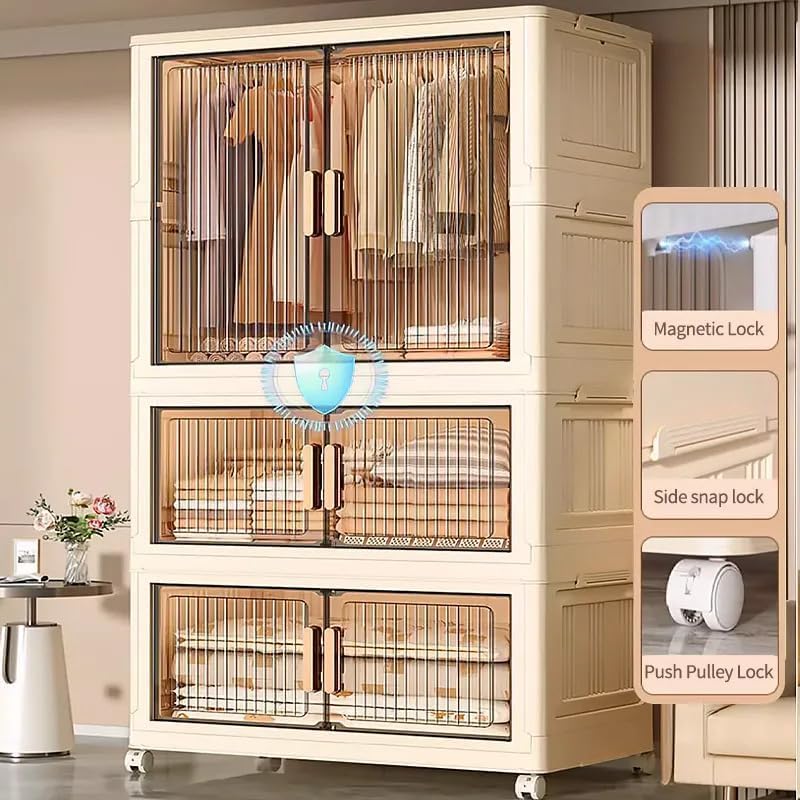 Premium 3-Layer Foldable Plastic Wardrobe with Hanging Rod & Wheels – Transparent White